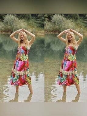 FARM Rio Multicolor Strapless Midi Dress with Fringe